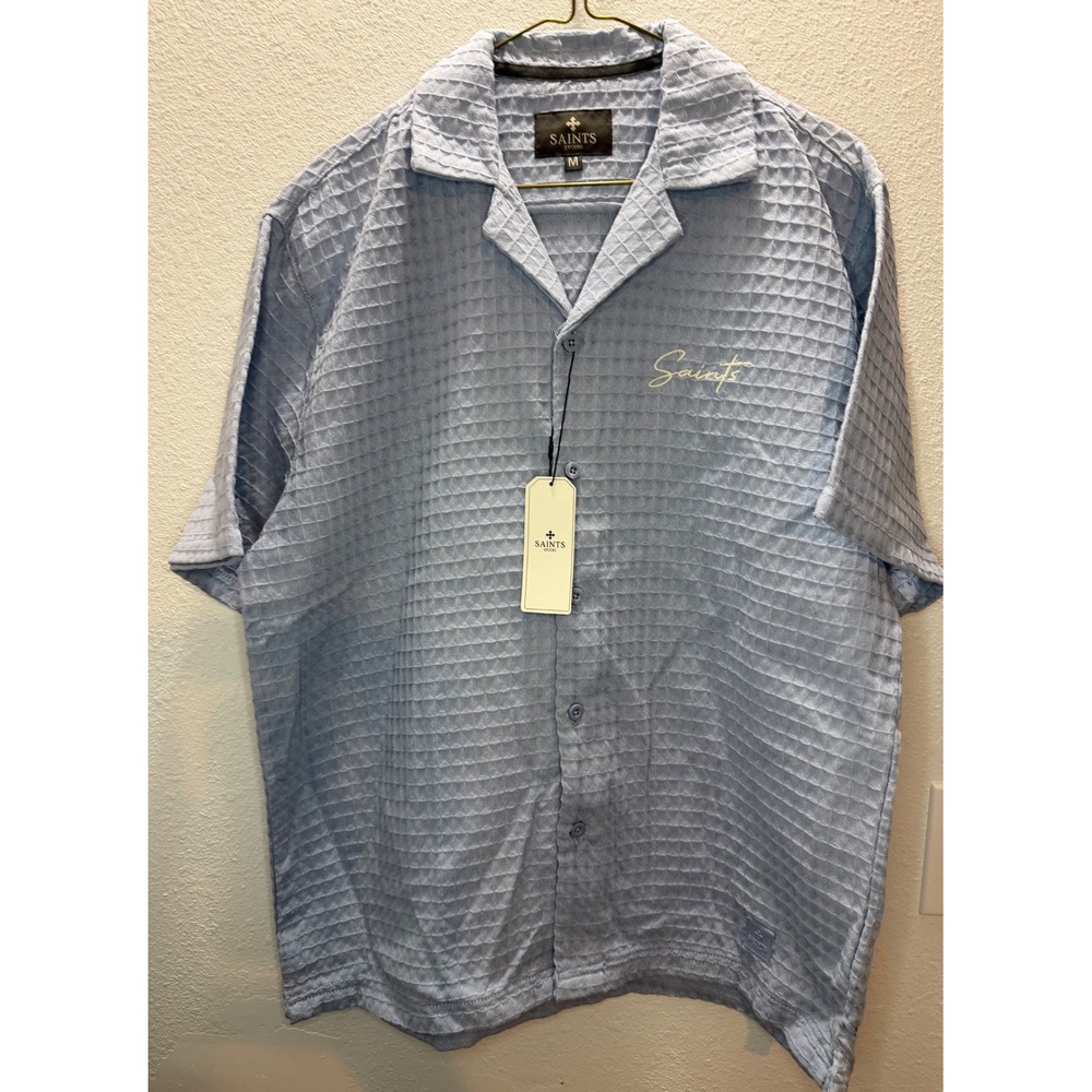 Saints Studio Button Up Shirt Mens Medium Light Blue New Waffle Knit Camp Collar